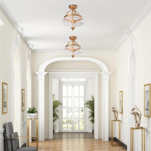 Modern Round Ceiling Light, 3-Light Gold Circle Semi-Flush Mount Light with Clear Glass Shade