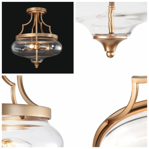 Modern Round Ceiling Light, 3-Light Gold Circle Semi-Flush Mount Light with Clear Glass Shade