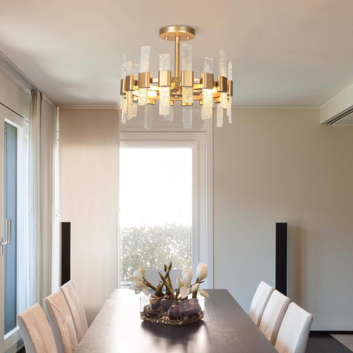 Modern Kitchen Chandelier Ceiling Light, 14.2 in. 3-Light Gold Drum Cylinder Semi-Flush Mount with Ice Glass Strips