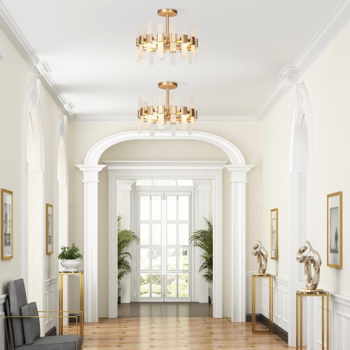 Modern Kitchen Chandelier Ceiling Light, 14.2 in. 3-Light Gold Drum Cylinder Semi-Flush Mount with Ice Glass Strips