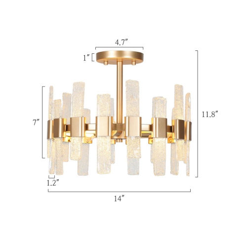 Modern Kitchen Chandelier Ceiling Light, 14.2 in. 3-Light Gold Drum Cylinder Semi-Flush Mount with Ice Glass Strips
