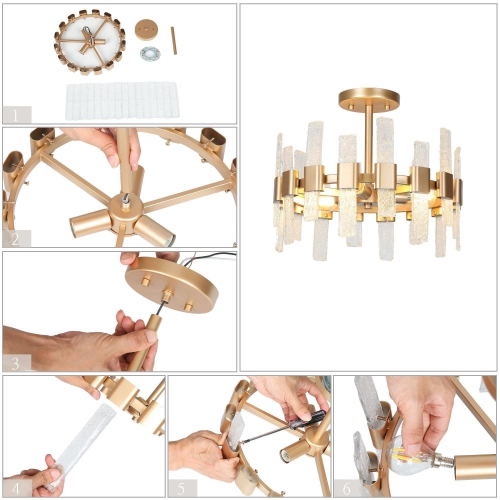 Modern Kitchen Chandelier Ceiling Light, 14.2 in. 3-Light Gold Drum Cylinder Semi-Flush Mount with Ice Glass Strips