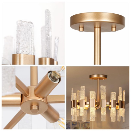 Modern Kitchen Chandelier Ceiling Light, 14.2 in. 3-Light Gold Drum Cylinder Semi-Flush Mount with Ice Glass Strips