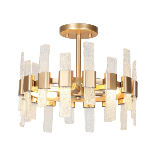 Modern Kitchen Chandelier Ceiling Light, 14.2 in. 3-Light Gold Drum Cylinder Semi-Flush Mount with Ice Glass Strips