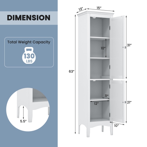 Topbuy Freestanding Bathroom Storage Cabinet Tall Narrow Storage Cabinet with 1 Adjustable Shelf 1 Drawer and 2 Doors