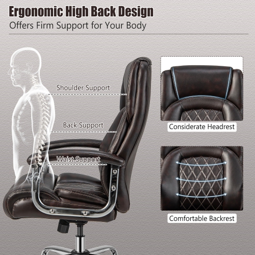 Gymax 500LBS High Back Big & Tall Office Chair Adjustable Leather Task Chair Brown