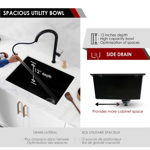 STYLISH 25 inch Black Single Bowl Dual Mount Composite Granite Utility Sink S-825N
