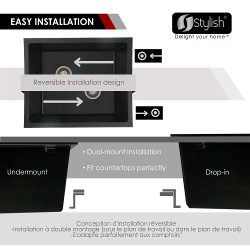 STYLISH 25 inch Black Single Bowl Dual Mount Composite Granite Utility Sink S-825N