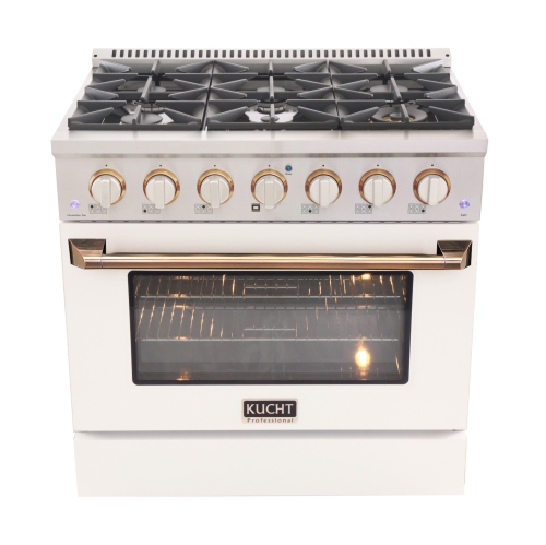 KUCHT  36 In. 5.2 Cu. Ft. Dual Fuel Range for Propane Gas Stove And Electric Oven With Convection In & Rose Gold In White I chose the titanium with gold trim