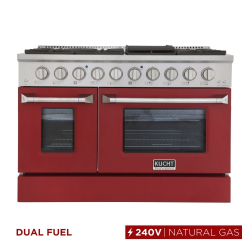 Image 1 de 10.. Kucht Professional 48 po. 6,7 pi3 avec Cuisinière biénergie pour cuisinière au gaz naturel et four électrique à convection rouge