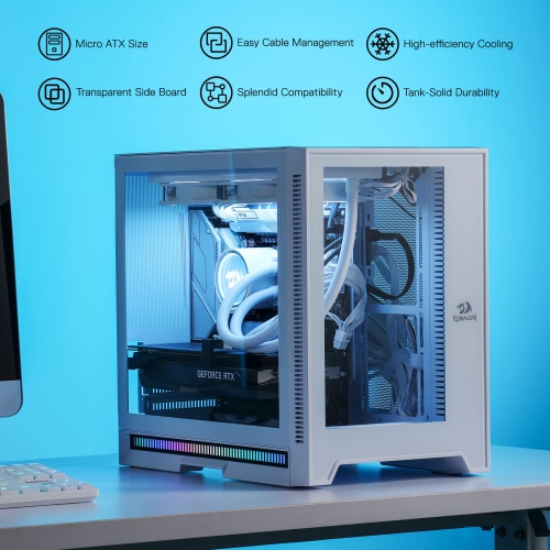 Redragon MC211 ITX Gaming PC Case, M-ATX Computer Chassis w/ 2 Tempered Glass Panels & High Airflow Perforated Panels, 240mm Radiator Support, Rhythm