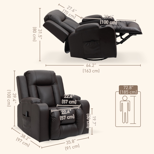 HOMCOM Swivel Massage Recliner Chair Rocker, Overstuffed Manual Reclining Sofa, PU Leather Rocking Chair with Side Pockets, Cup Holders, for Living