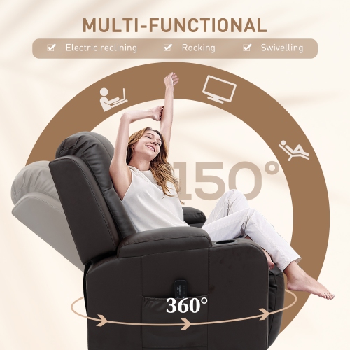 HOMCOM Swivel Massage Recliner Chair Rocker, Overstuffed Manual Reclining Sofa, PU Leather Rocking Chair with Side Pockets, Cup Holders, for Living