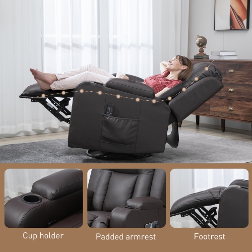 HOMCOM Swivel Massage Recliner Chair Rocker, Overstuffed Manual Reclining Sofa, PU Leather Rocking Chair with Side Pockets, Cup Holders, for Living