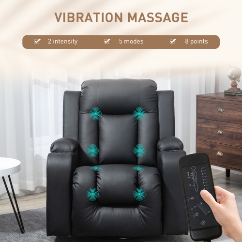 HOMCOM Fauteuil inclinable de massage pour salon avec 8 points de vibration, fauteuil inclinable en cuir PU avec porte-gobelets, base pivotante,