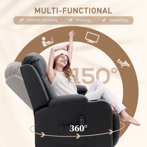 HOMCOM Fauteuil inclinable de massage pour salon avec 8 points de vibration, fauteuil inclinable en cuir PU avec porte-gobelets, base pivotante,