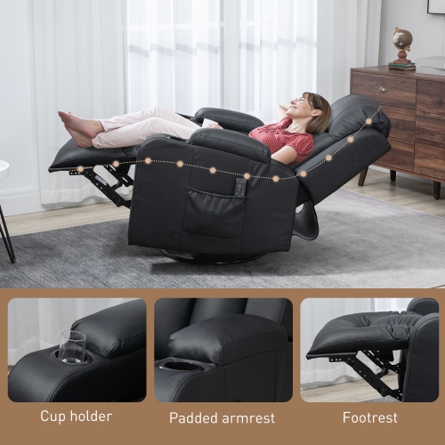 HOMCOM Fauteuil inclinable de massage pour salon avec 8 points de vibration, fauteuil inclinable en cuir PU avec porte-gobelets, base pivotante,