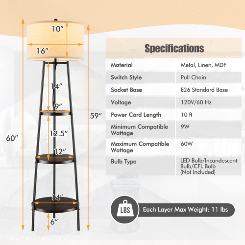 Topbuy Shelf Floor Lamp Corner Floor Lamp w/ 3-tier Shelves & Linen Lampshade Modern Standing Tall Bookshelf Lamp