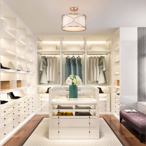 Modern Gold Drum Kitchen Ceiling Light, 3-Light 15.7-in Brass Gold Drum and Off-white Fabric LED Semi-Flush mount light