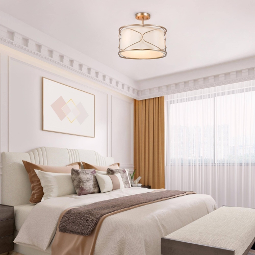 Modern Gold Drum Kitchen Ceiling Light, 3-Light 15.7-in Brass Gold Drum and Off-white Fabric LED Semi-Flush mount light