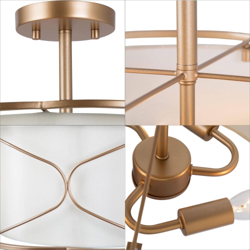 Modern Gold Drum Kitchen Ceiling Light, 3-Light 15.7-in Brass Gold Drum and Off-white Fabric LED Semi-Flush mount light