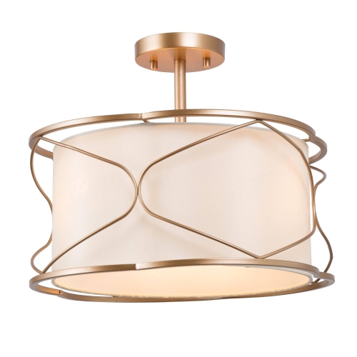 Modern Gold Drum Kitchen Ceiling Light, 3-Light 15.7-in Brass Gold Drum and Off-white Fabric LED Semi-Flush mount light