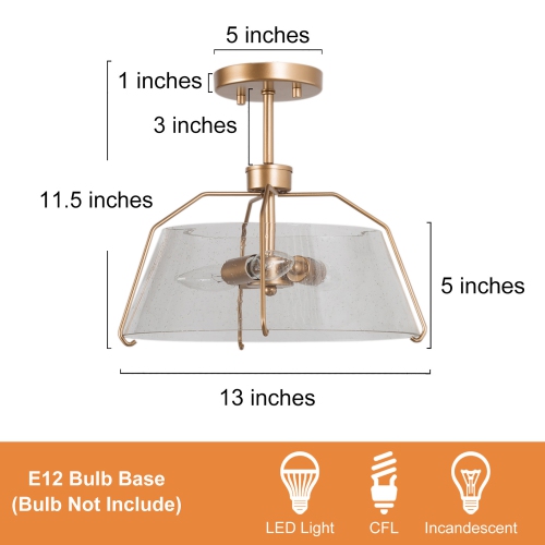 Modern 3-Light Ceiling Light, 13-in Matte Gold with Seeded Drum Glass Shade Incandescent Semi-flush Mount Light