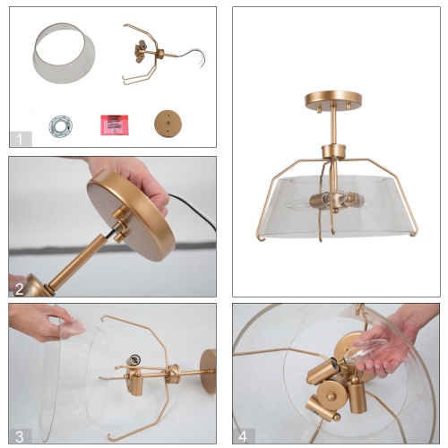 Modern 3-Light Ceiling Light, 13-in Matte Gold with Seeded Drum Glass Shade Incandescent Semi-flush Mount Light