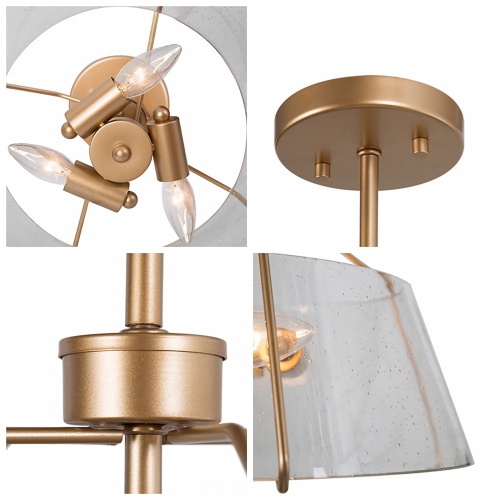 Modern 3-Light Ceiling Light, 13-in Matte Gold with Seeded Drum Glass Shade Incandescent Semi-flush Mount Light