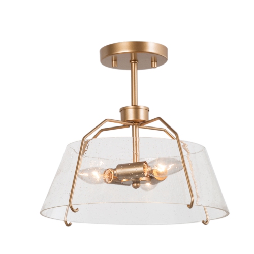 Modern 3-Light Ceiling Light, 13-in Matte Gold with Seeded Drum Glass Shade Incandescent Semi-flush Mount Light