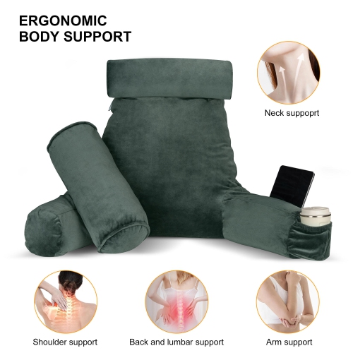 Memory Foam Reading Bed Rest Pillow with Cylindrical Pillow , Shredded Memory Foam Comfort Lumbar Cushion with Arm Support and Side Pocket