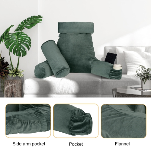 Memory Foam Reading Bed Rest Pillow with Cylindrical Pillow , Shredded Memory Foam Comfort Lumbar Cushion with Arm Support and Side Pocket