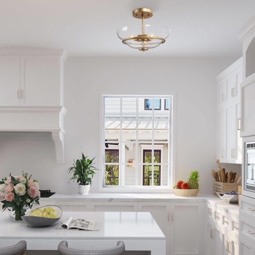 3-Light Brass Gold Semi-Flush Mount Modern Ceiling Light with Seeded Glass Shade