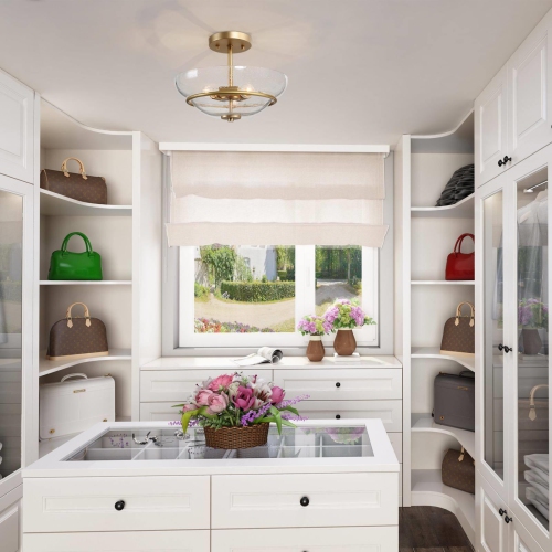 3-Light Brass Gold Semi-Flush Mount Modern Ceiling Light with Seeded Glass Shade