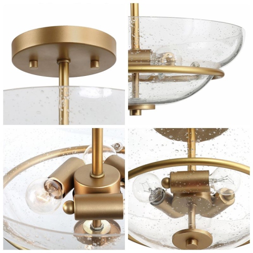 3-Light Brass Gold Semi-Flush Mount Modern Ceiling Light with Seeded Glass Shade