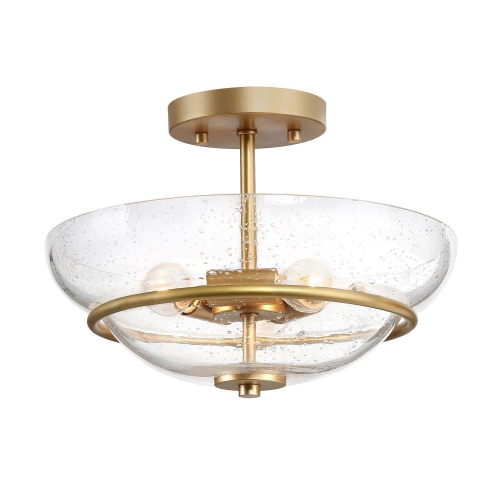 3-Light Brass Gold Semi-Flush Mount Modern Ceiling Light with Seeded Glass Shade
