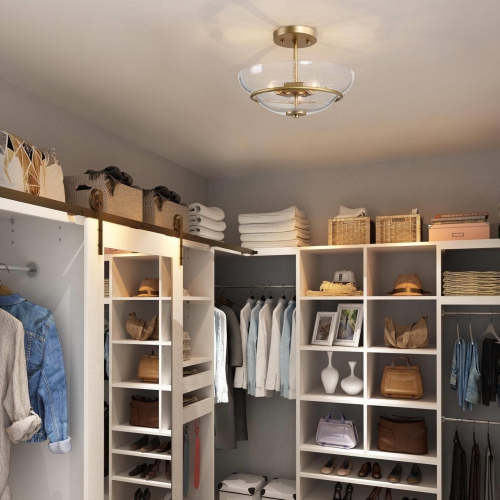 3-Light Brass Gold Semi-Flush Mount Modern Ceiling Light with Seeded Glass Shade