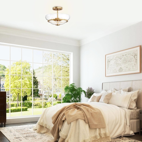 3-Light Brass Gold Semi-Flush Mount Modern Ceiling Light with Seeded Glass Shade