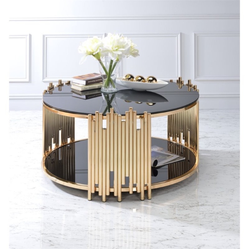 ACME FURNITURE  Acme Tanquin Modern Round Glass Top Coffee Table In And Gold In Black