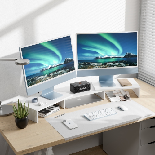 FITUEYES – Support pour deux moniteurs, organisateur de bureau à longueur et angle réglables pour PC, ordinateur, portable, support pour plusieurs