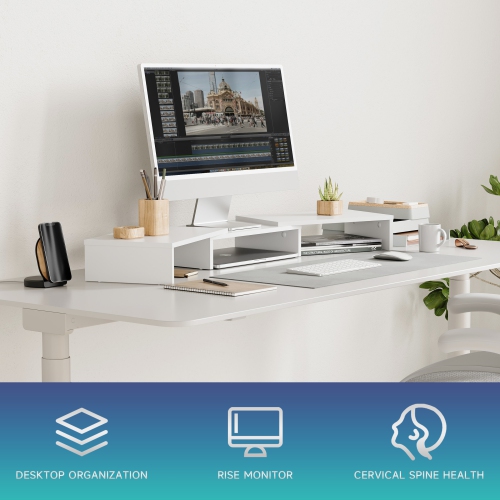 FITUEYES – Support pour deux moniteurs, organisateur de bureau à longueur et angle réglables pour PC, ordinateur, portable, support pour plusieurs