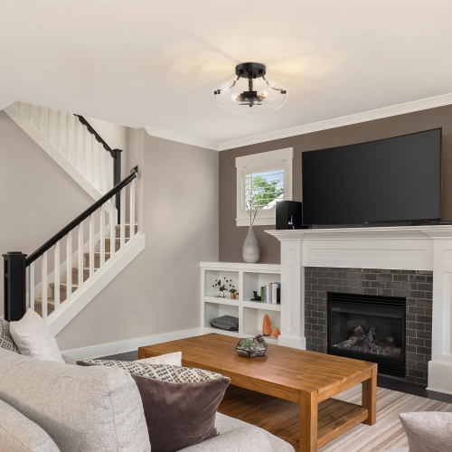 Modern Black Center Bowl Ceiling Light, 3-Light 11-in Black Modern In Dome Bowl Seeded Glass LED Semi-Flush mount light