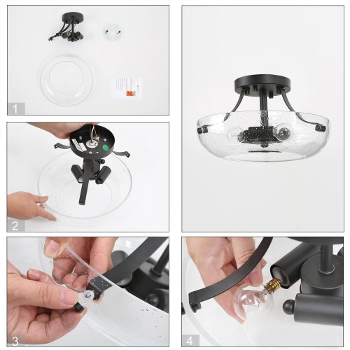 Modern Black Center Bowl Ceiling Light, 3-Light 11-in Black Modern In Dome Bowl Seeded Glass LED Semi-Flush mount light