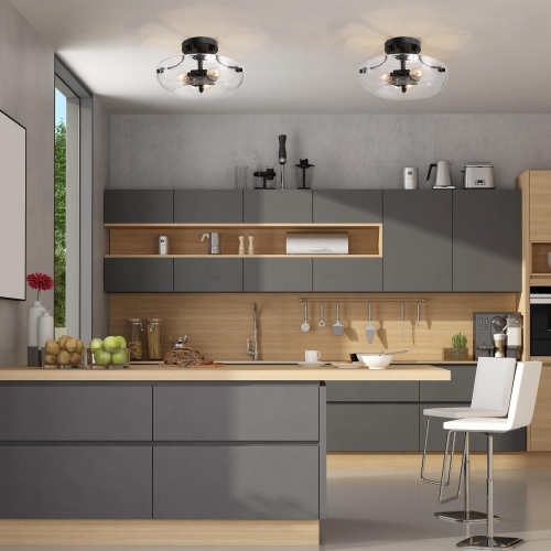 Modern Black Center Bowl Ceiling Light, 3-Light 11-in Black Modern In Dome Bowl Seeded Glass LED Semi-Flush mount light