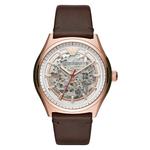 EMPORIO ARMANI  Meccanico Skeleton Dial Brown Leather Strap Watch for Men - Ar60005 In White