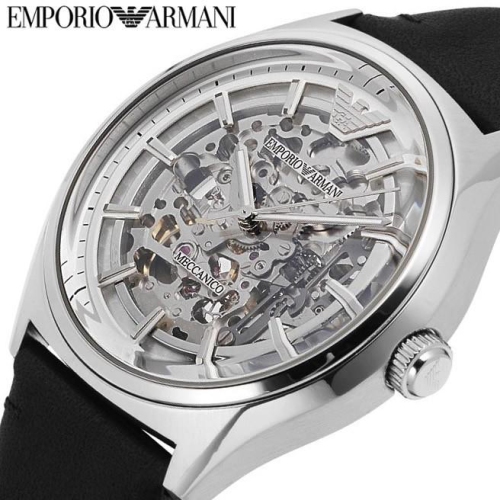 Emporio Armani Meccanico White Skeleton Dial Black Leather Strap