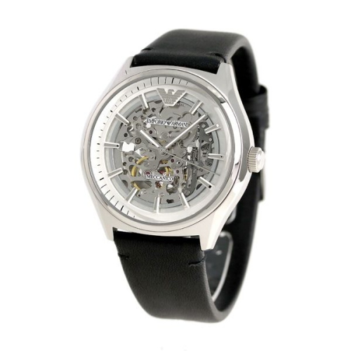 Emporio Armani Meccanico White Skeleton Dial Black Leather Strap