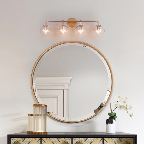 Modern Globe Bathroom Vanity Light, 30.5-in 4-Light Brass Gold and Seeded Globe Glass LED Modern/Contemporary Vanity Light