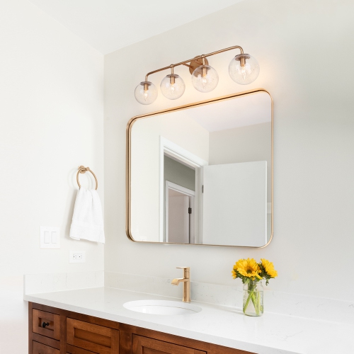 Modern Globe Bathroom Vanity Light, 30.5-in 4-Light Brass Gold and Seeded Globe Glass LED Modern/Contemporary Vanity Light