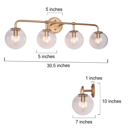 Modern Globe Bathroom Vanity Light, 30.5-in 4-Light Brass Gold and Seeded Globe Glass LED Modern/Contemporary Vanity Light